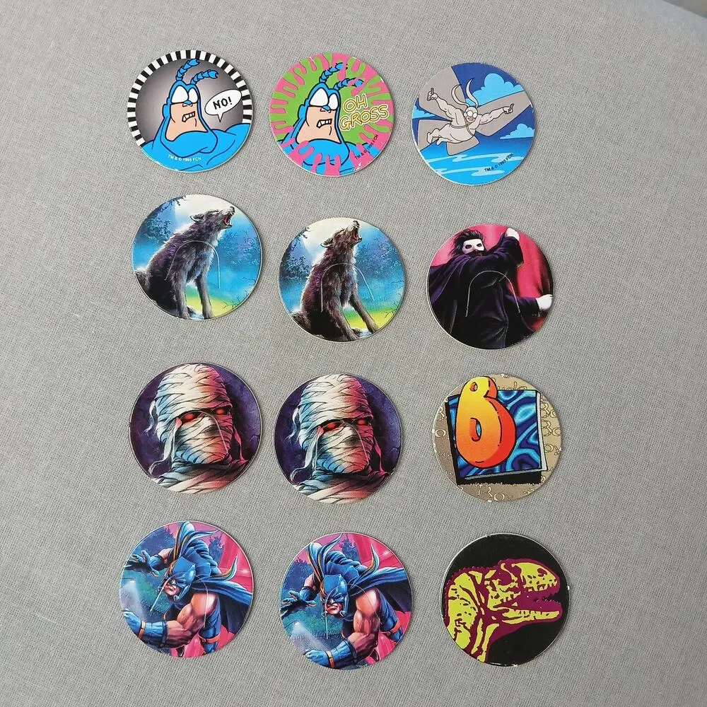 Set of 12 collectible POGS + TKD slammer VTG 90s Goosebumps The Tick Bugle Boy